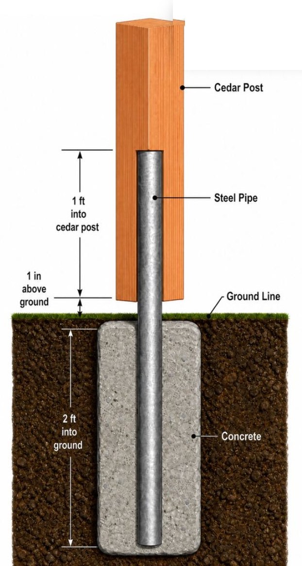 Post on Pipe diagram: post sleeved over a steel pipe set 2 ft deep in concrete, wood held above the ground line
